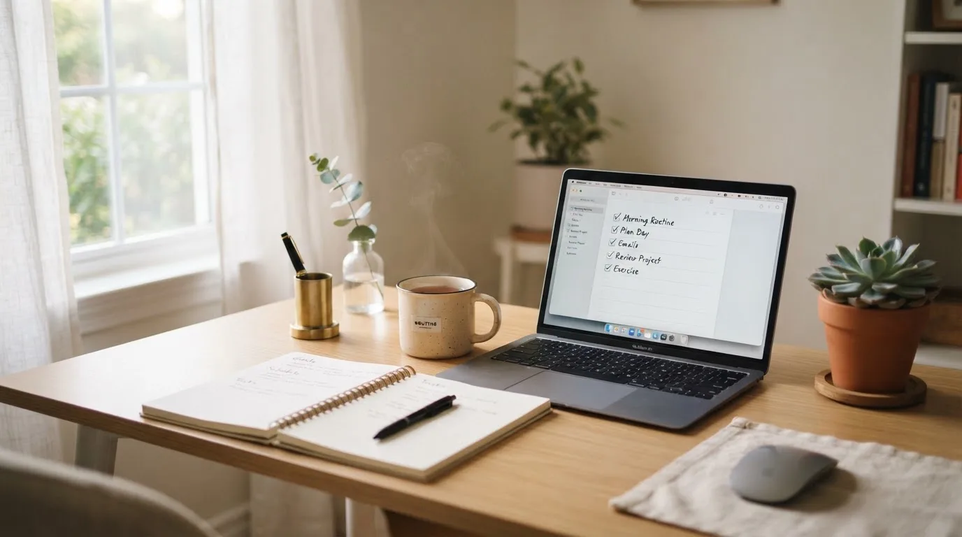 A tidy desk with a notebook, a mug of tea and a laptop open to a checklist, morning light through a window.