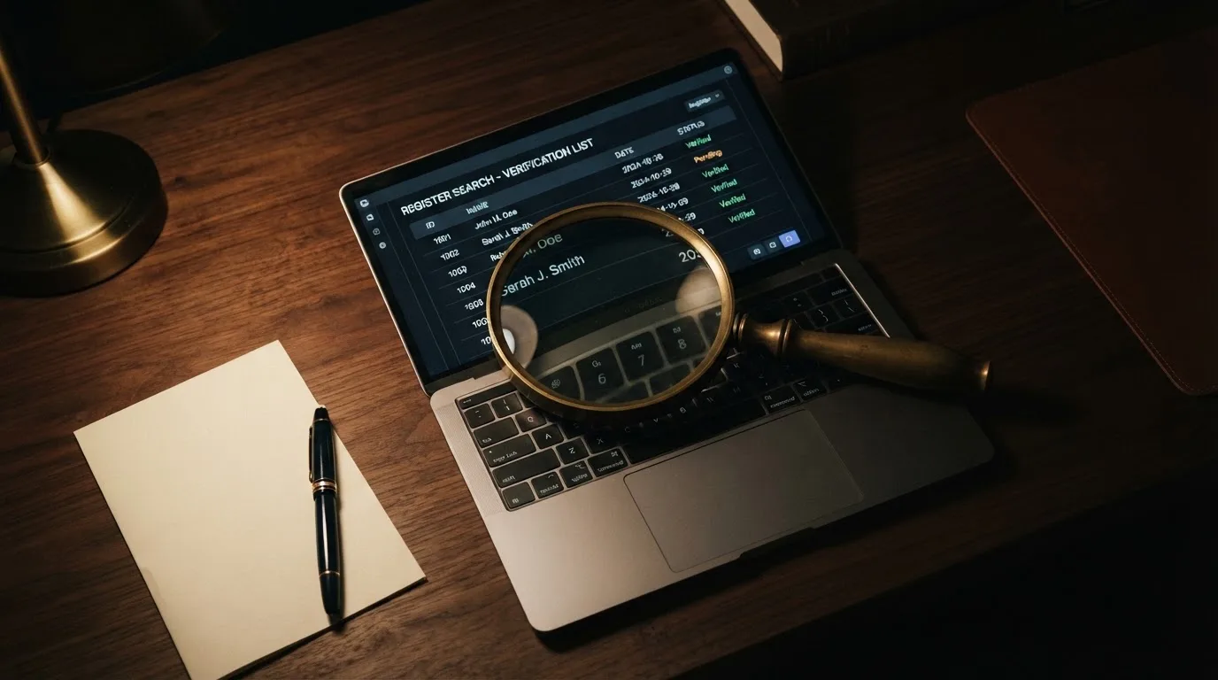 A magnifying glass rests over a printed regulatory certificate on a wooden desk.