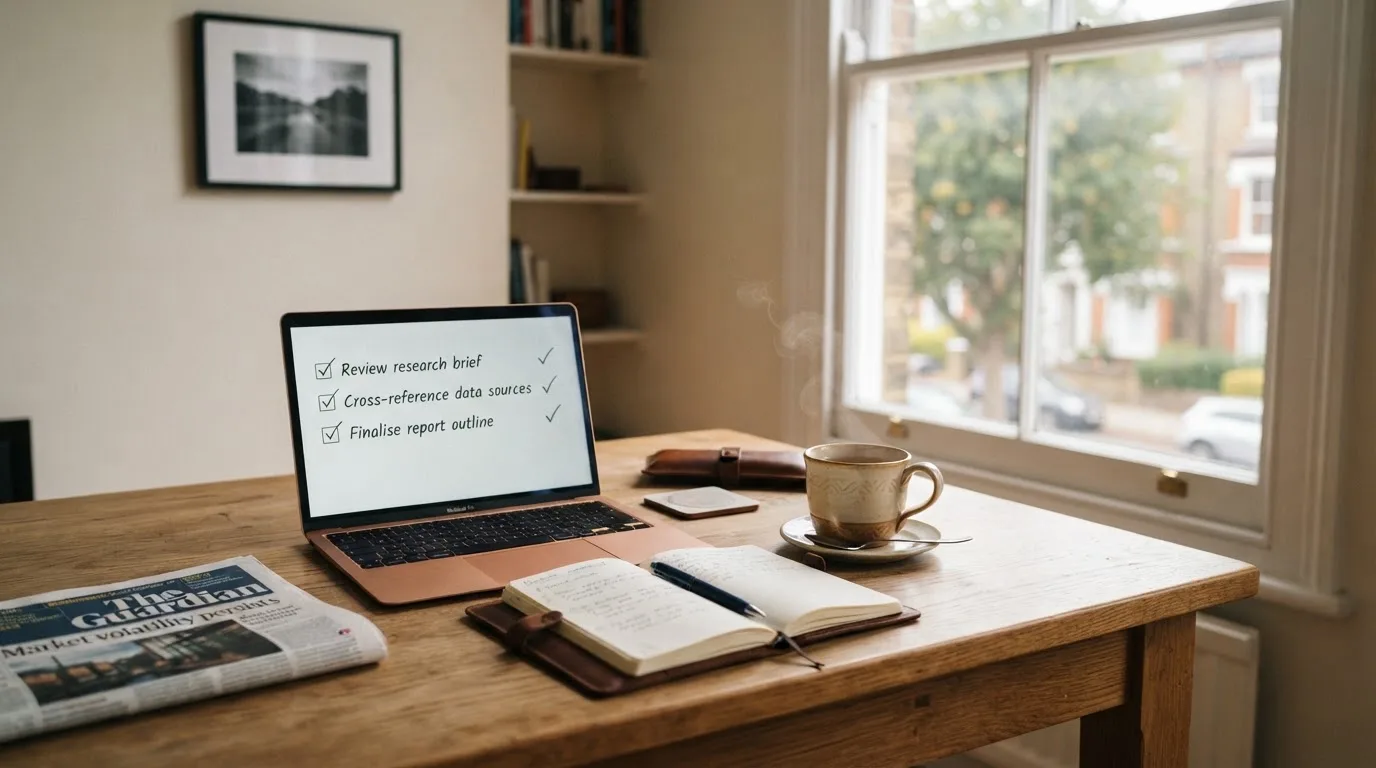 A tidy desk with a notebook, a mug of tea and a laptop open to a checklist, morning light through a window.