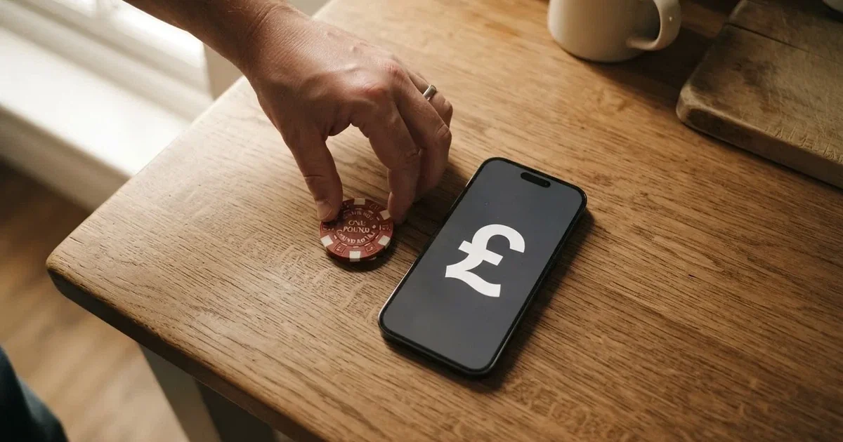 A hand places a £10 banknote next to a smartphone showing a bank transfer confirmation screen on a kitchen table.