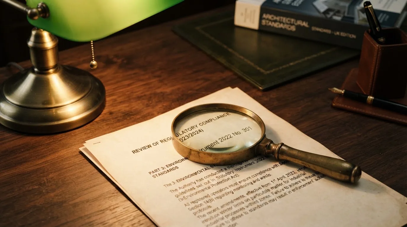 A magnifying glass rests over a printed regulatory certificate on a wooden desk.