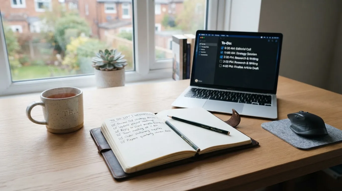 A tidy desk with a notebook, a mug of tea and a laptop open to a checklist, morning light through a window.