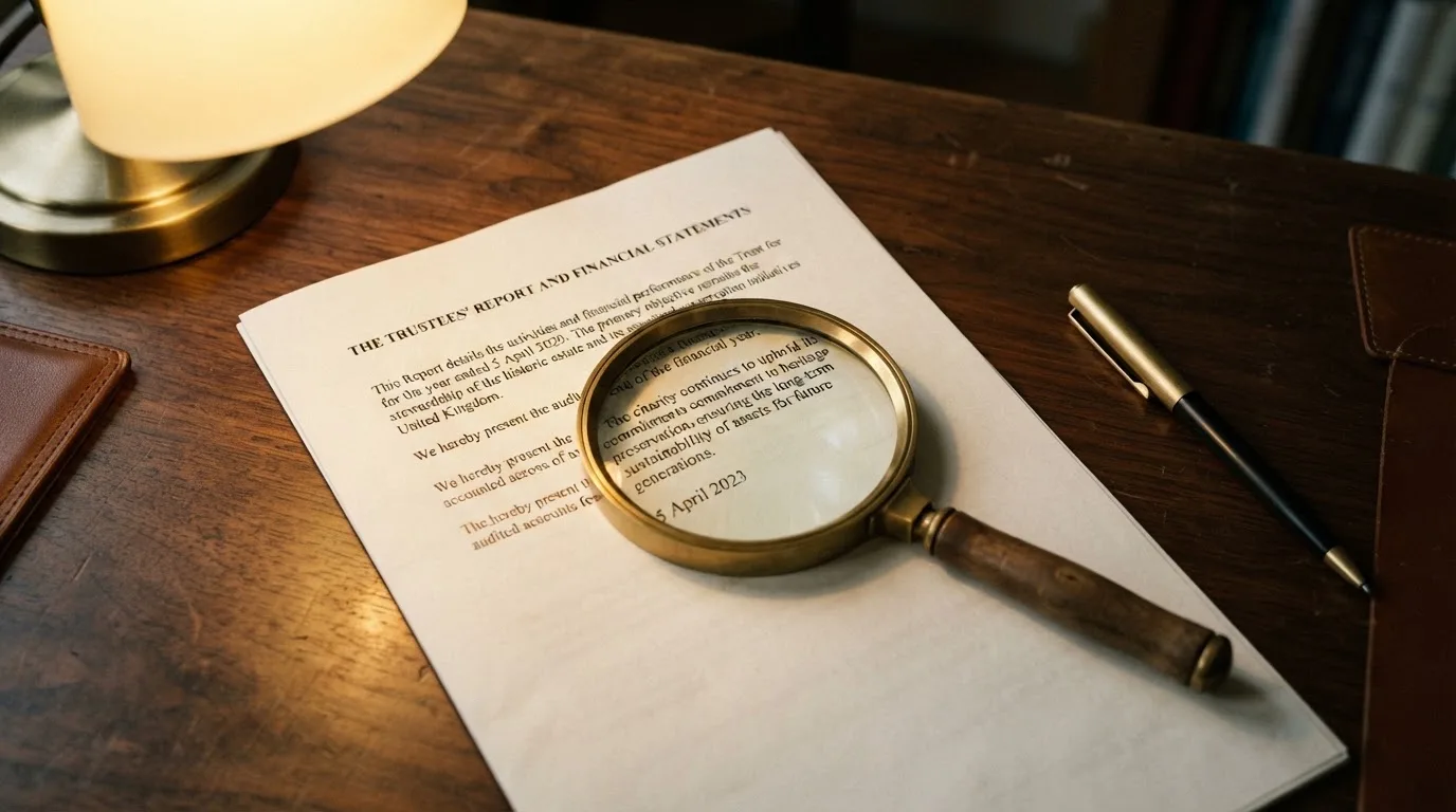 A magnifying glass rests over a printed regulatory certificate on a wooden desk.