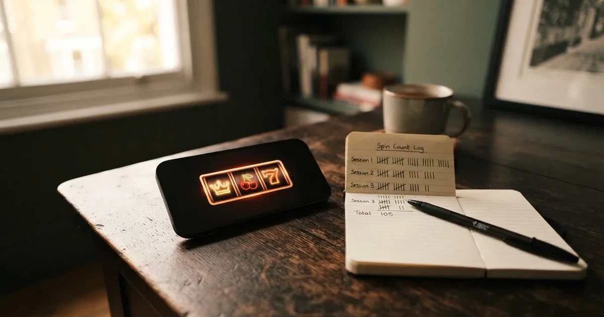 A notepad with a tally of spin counts rests beside a smartphone displaying a slot-reel icon on a desk.