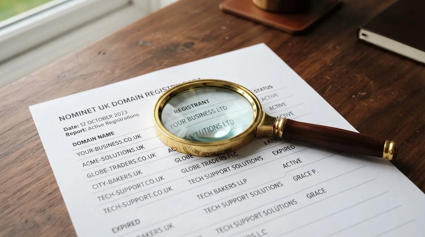 A magnifying glass rests over a printed regulatory certificate on a wooden desk.