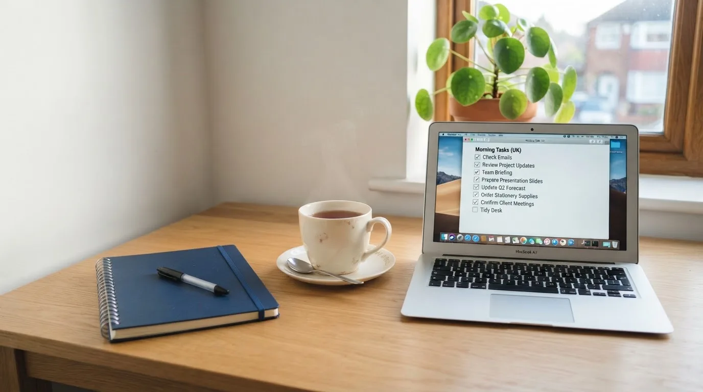 A tidy desk with a notebook, a mug of tea and a laptop open to a checklist, morning light through a window.