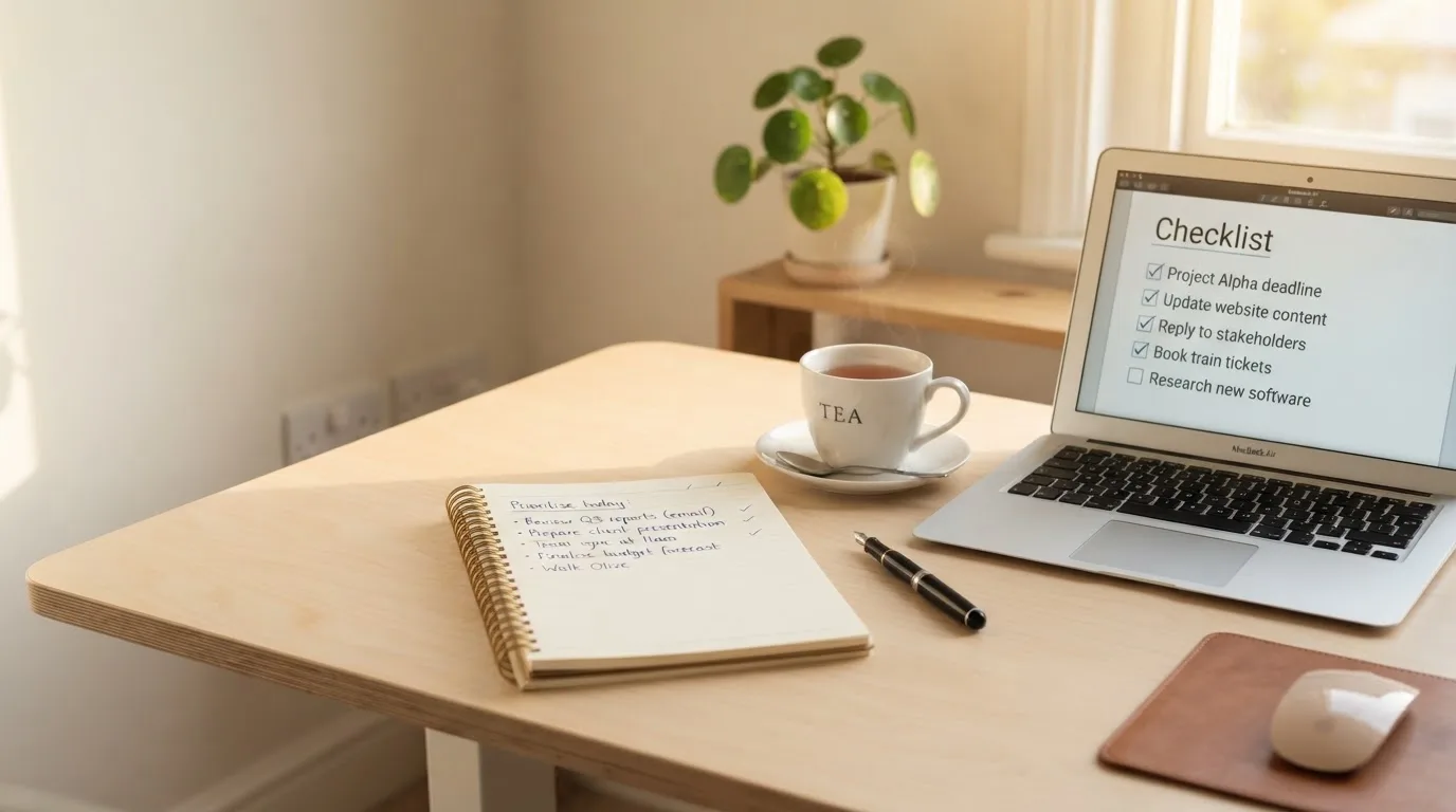 A tidy desk with a notebook, a mug of tea and a laptop open to a checklist, morning light through a window.