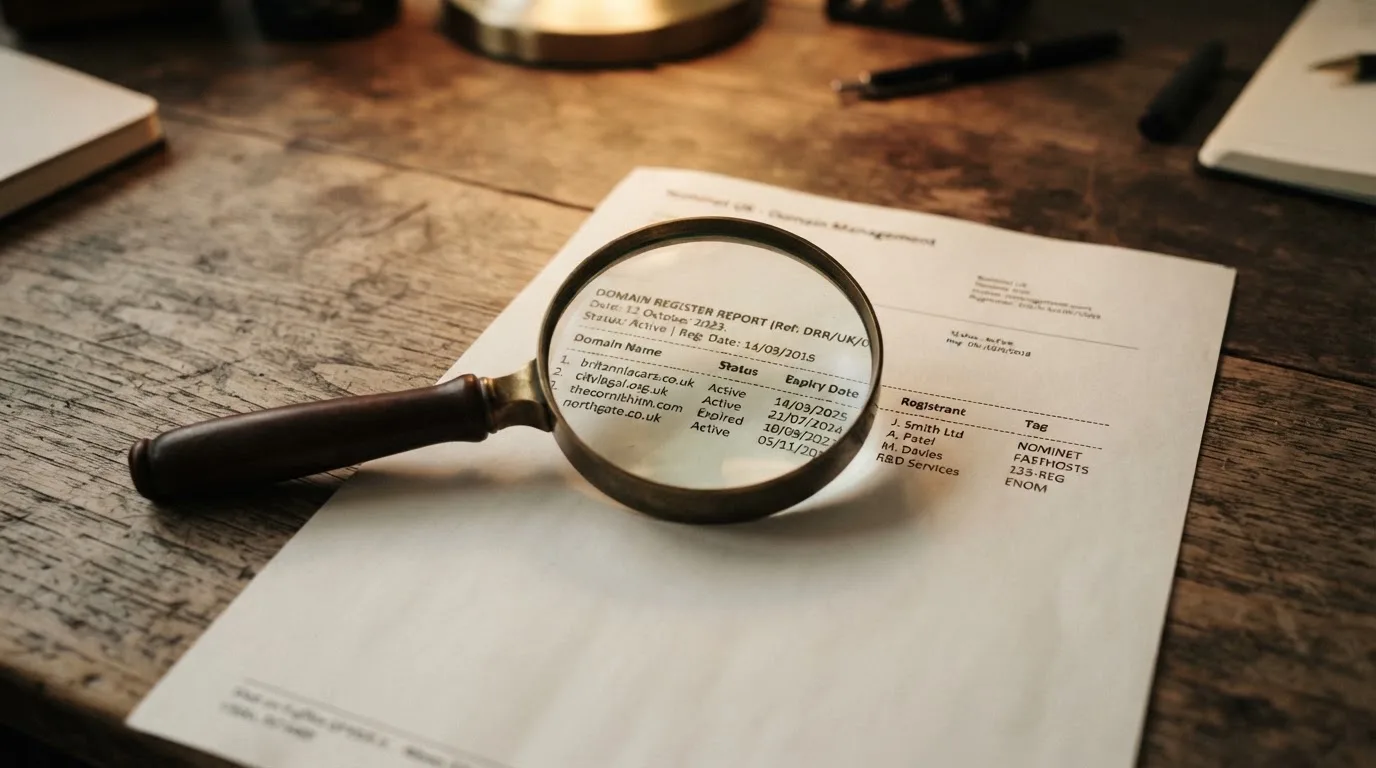 A magnifying glass rests over a printed regulatory certificate on a wooden desk.