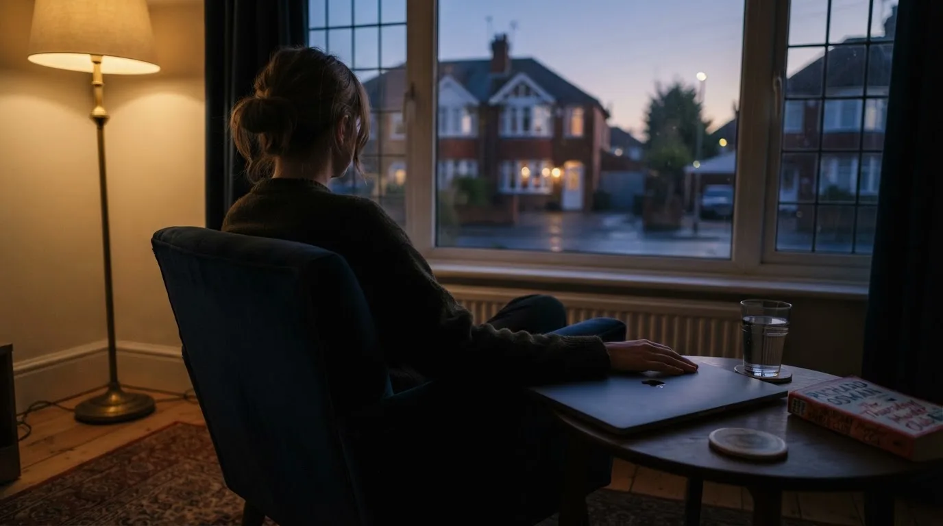 A person closes a laptop and looks out of a window at dusk, a glass of water on the table beside them.