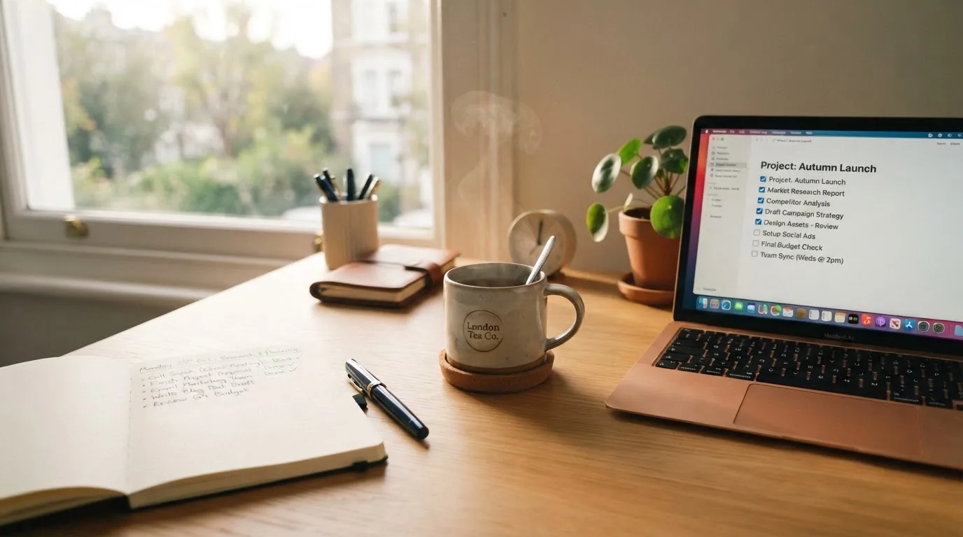 A tidy desk with a notebook, a mug of tea and a laptop open to a checklist, morning light through a window.