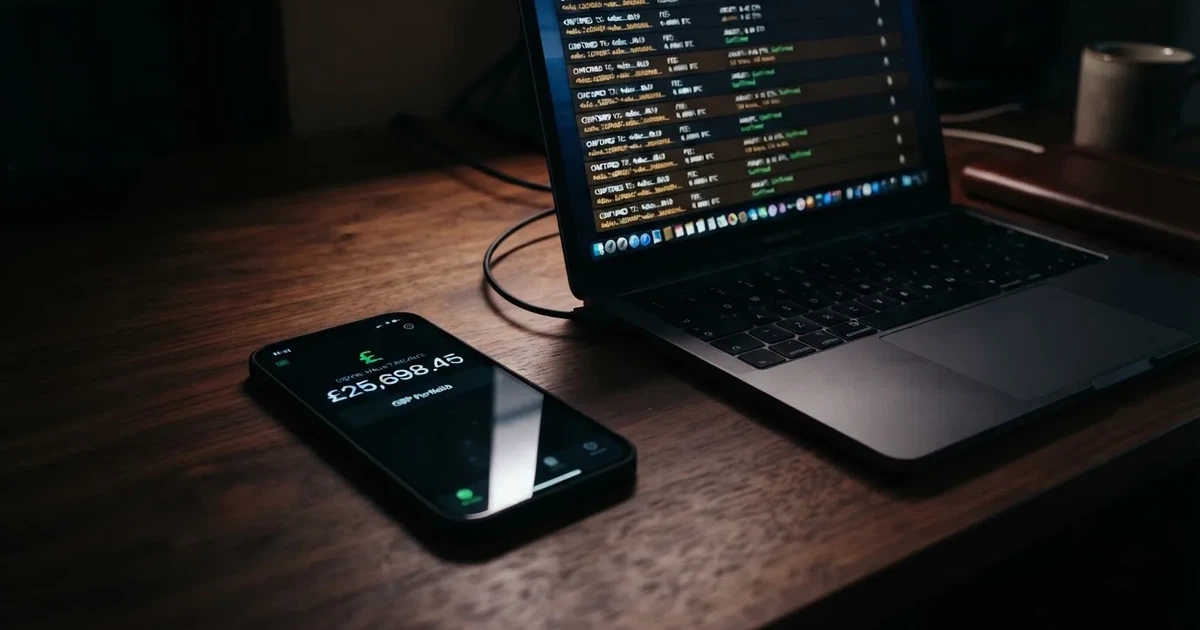 A smartphone displays a digital wallet balance next to a laptop showing scrolling transaction data in a dim room.