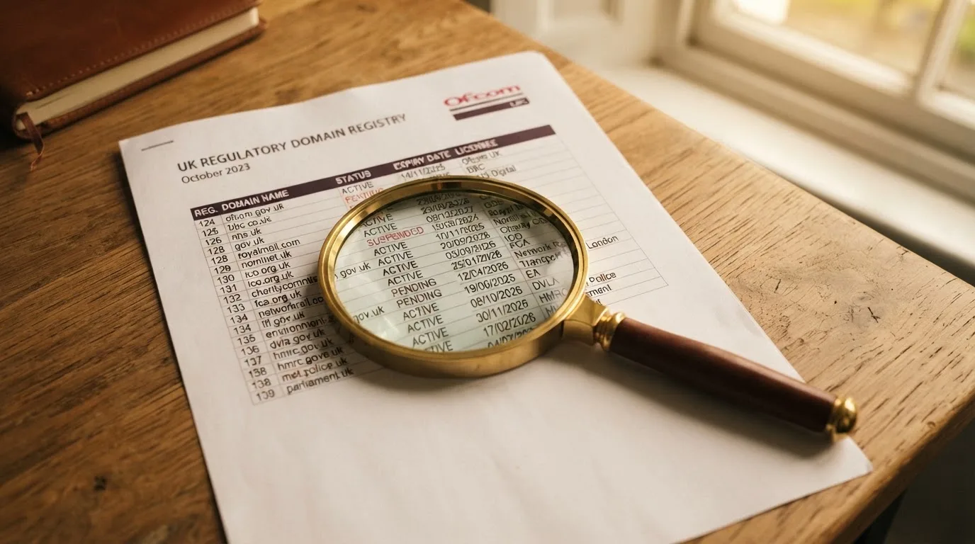 A magnifying glass rests over a printed regulatory certificate on a wooden desk.