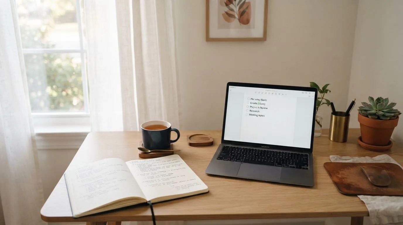 A tidy desk with a notebook, a mug of tea and a laptop open to a checklist, morning light through a window.