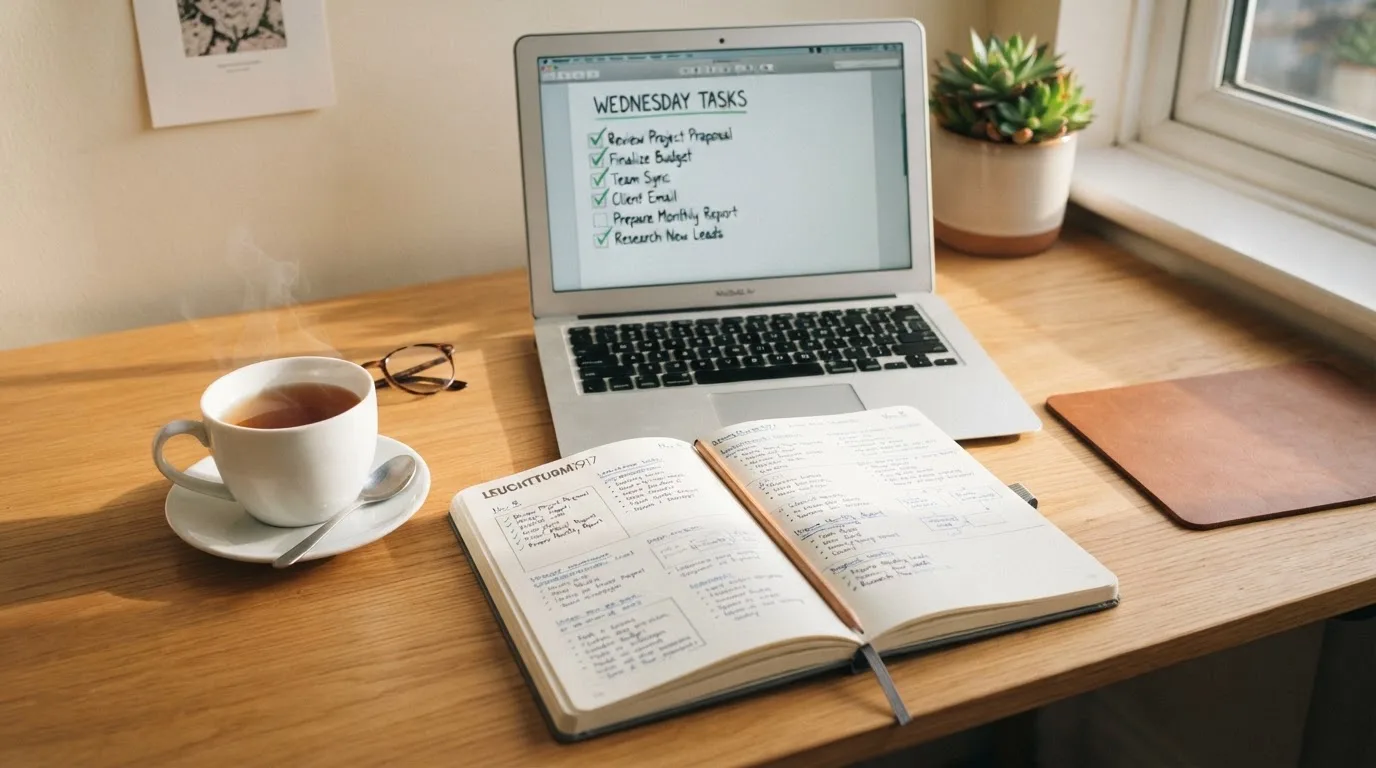 A tidy desk with a notebook, a mug of tea and a laptop open to a checklist, morning light through a window.