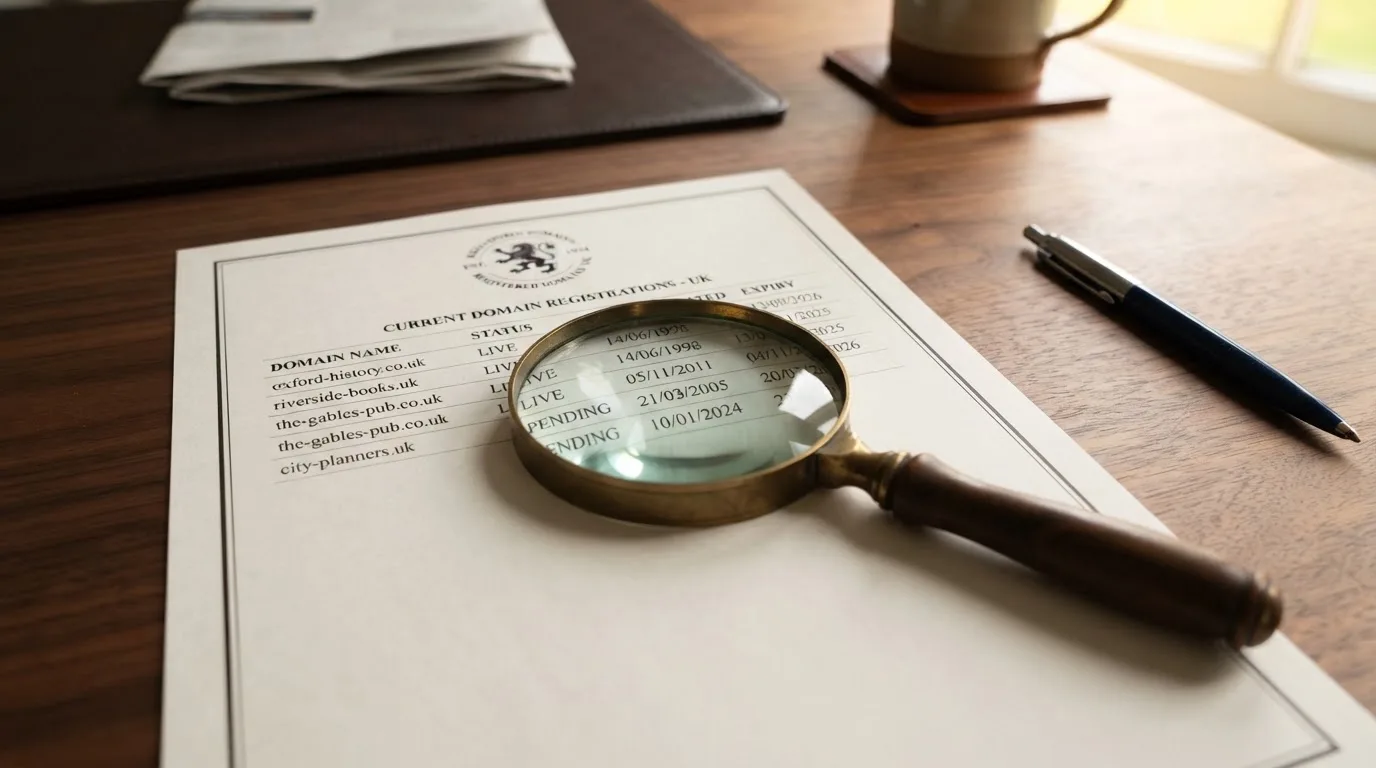 A magnifying glass rests over a printed regulatory certificate on a wooden desk.