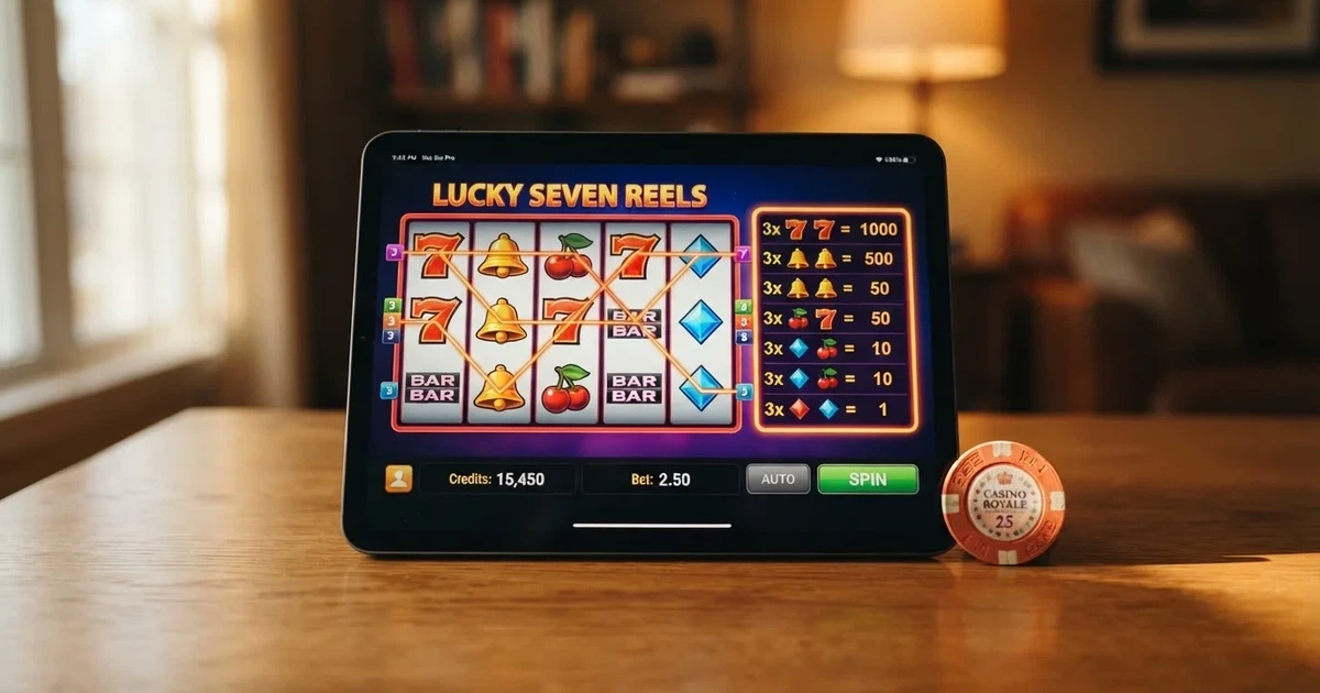 A tablet screen shows a five-reel slot grid with multiple paylines and a payout chart beside it on a desk.