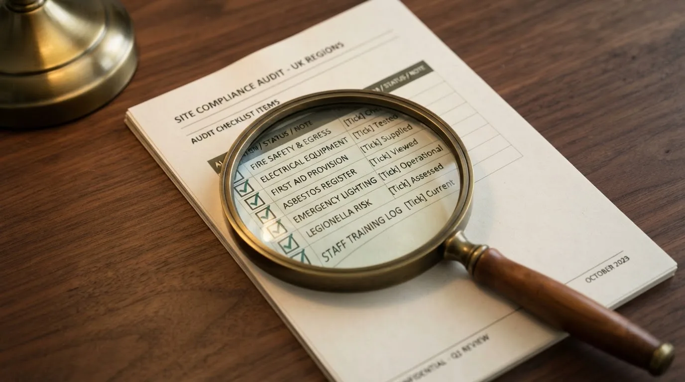 A magnifying glass rests over a printed regulatory certificate on a wooden desk.