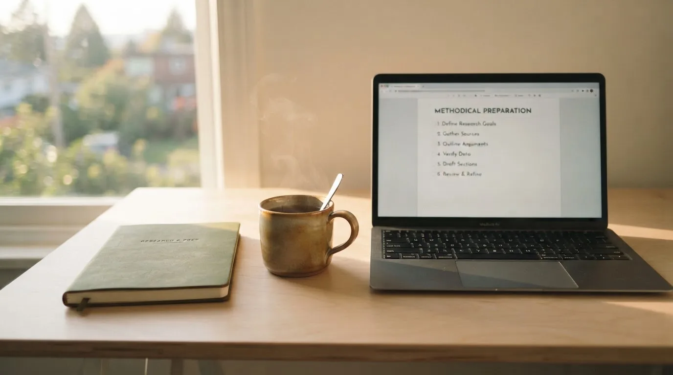 A tidy desk with a notebook, a mug of tea and a laptop open to a checklist, morning light through a window.