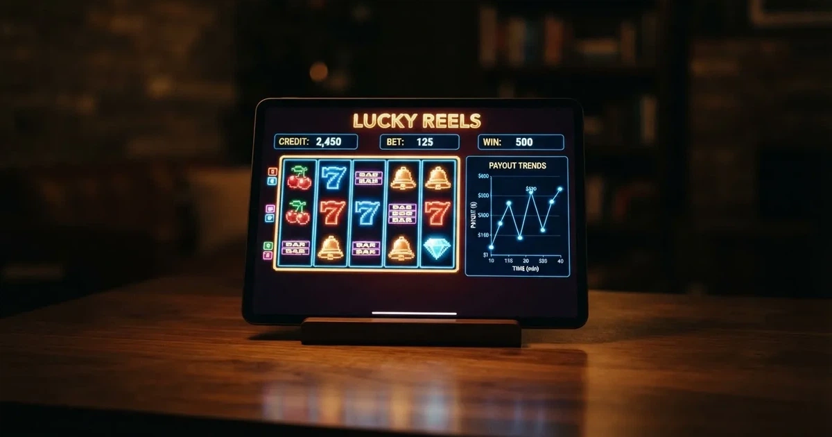 A tablet propped on a stand displays a grid of slot symbols and a payout chart in a dimly lit room.