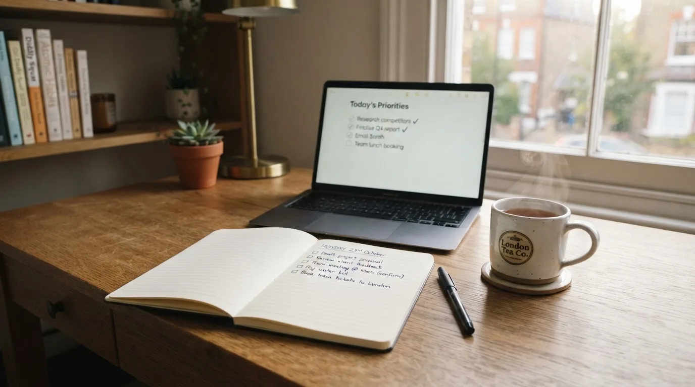 A tidy desk with a notebook, a mug of tea and a laptop open to a checklist, morning light through a window.