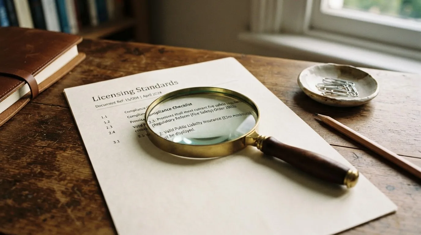 A magnifying glass rests over a printed regulatory certificate on a wooden desk.