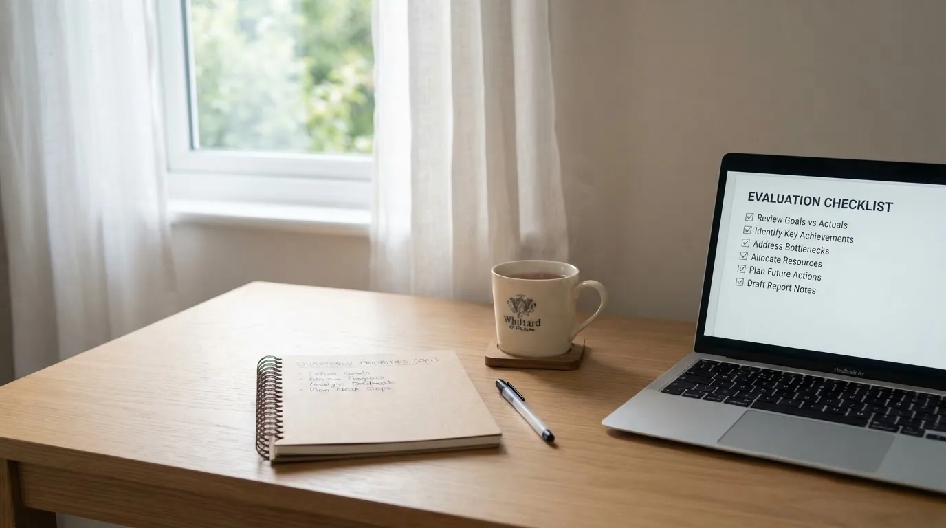 A tidy desk with a notebook, a mug of tea and a laptop open to a checklist, morning light through a window.