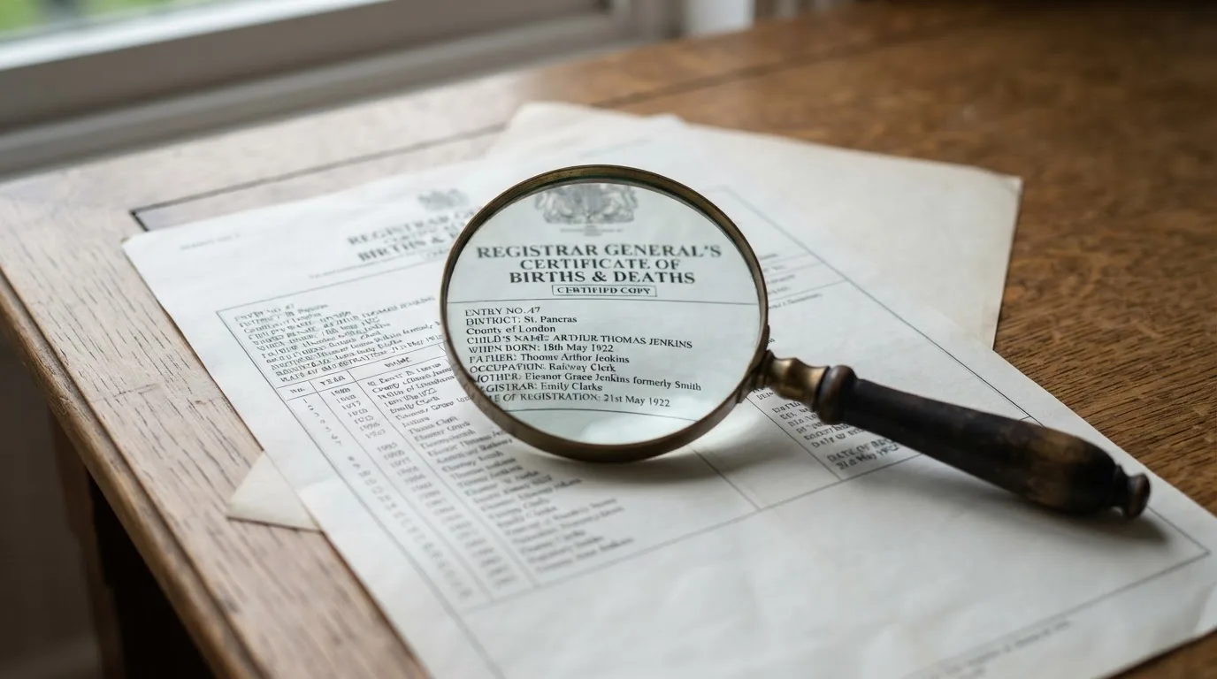 A magnifying glass rests over a printed regulatory certificate on a wooden desk.
