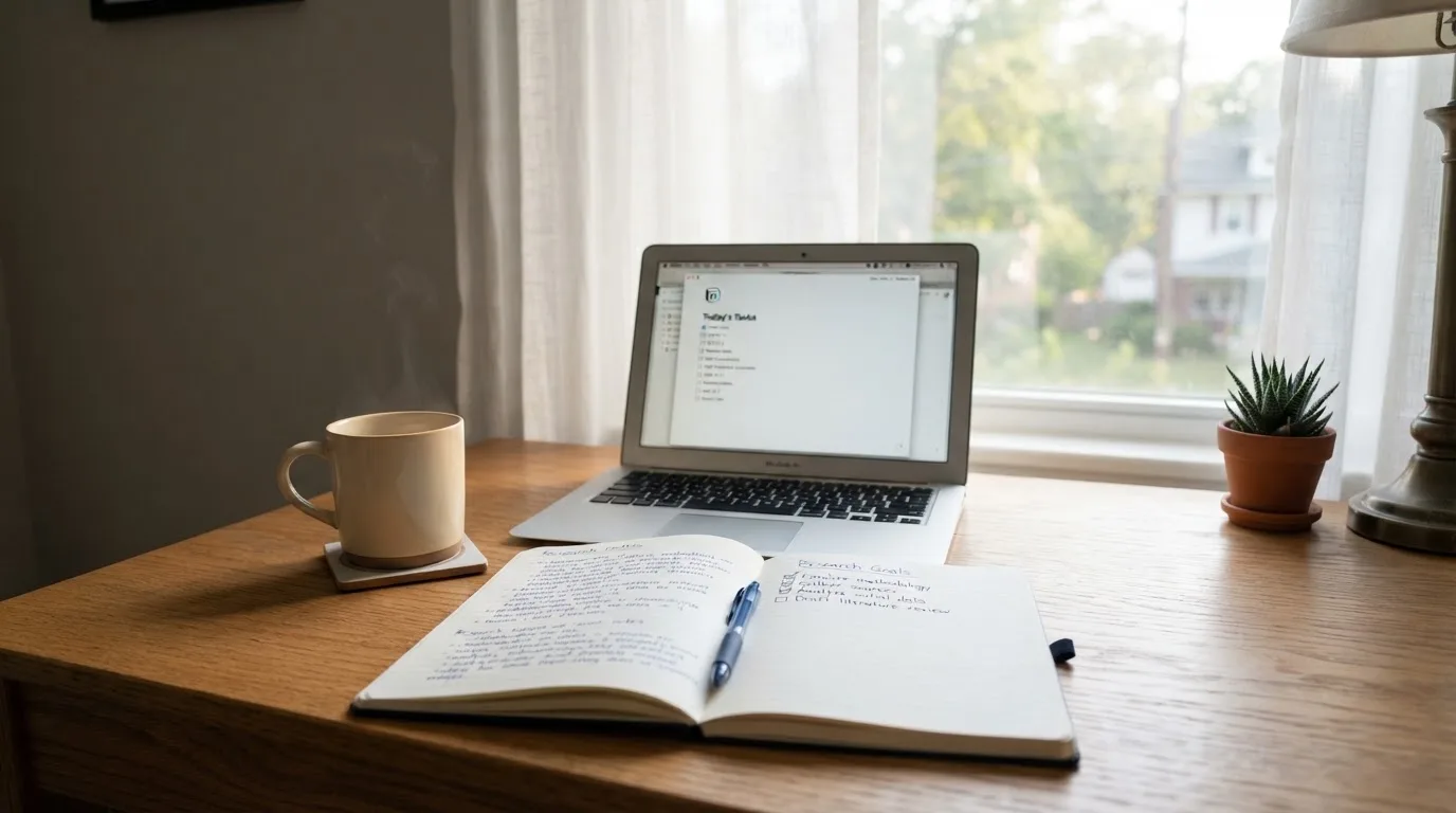 A tidy desk with a notebook, a mug of tea and a laptop open to a checklist, morning light through a window.