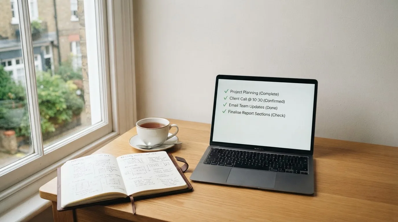 A tidy desk with a notebook, a mug of tea and a laptop open to a checklist, morning light through a window.