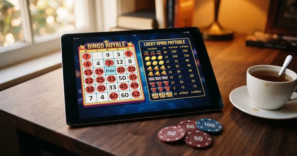 A tablet screen shows a bingo card next to a slot game paytable on a desk.