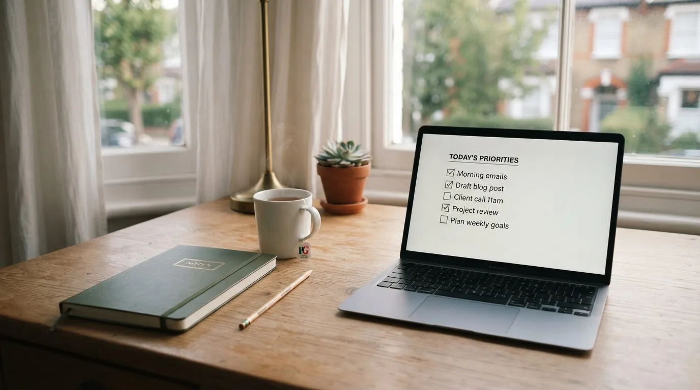 A tidy desk with a notebook, a mug of tea and a laptop open to a checklist, morning light through a window.