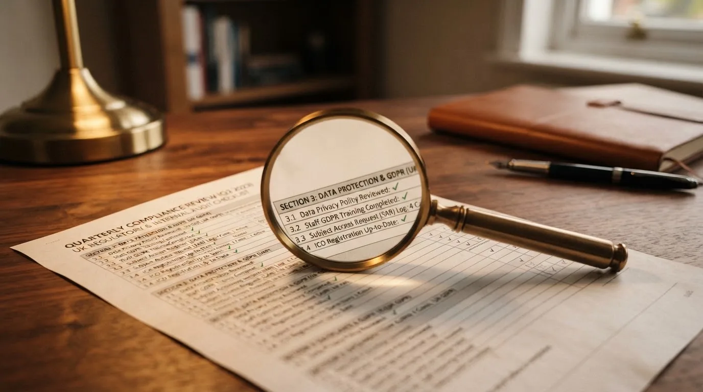 A magnifying glass rests over a printed regulatory certificate on a wooden desk.