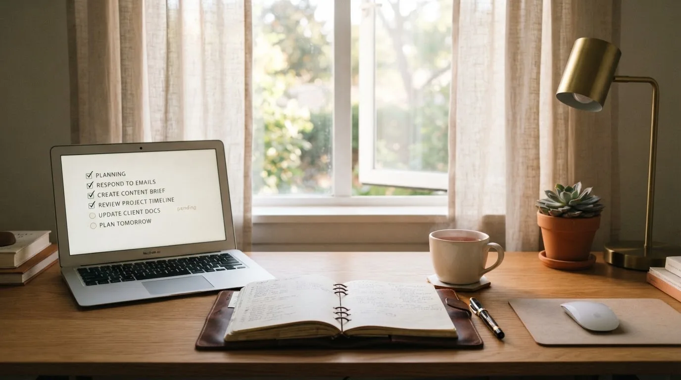 A tidy desk with a notebook, a mug of tea and a laptop open to a checklist, morning light through a window.