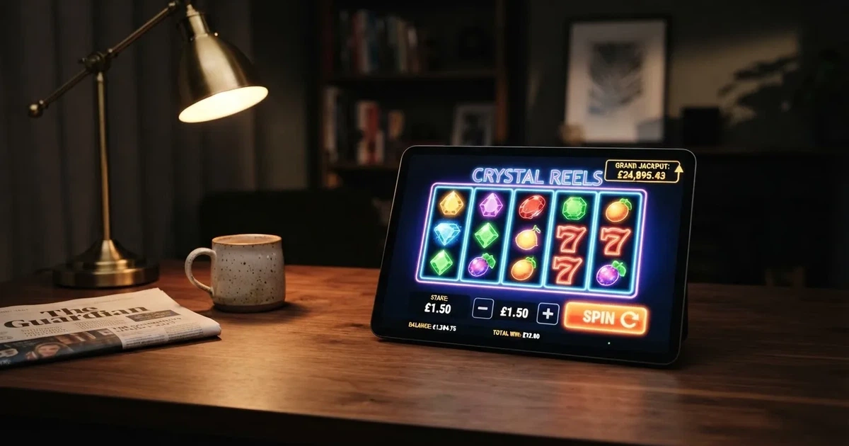 A tablet screen shows a slot's bonus-purchase button beside a stake amount field on a desk.