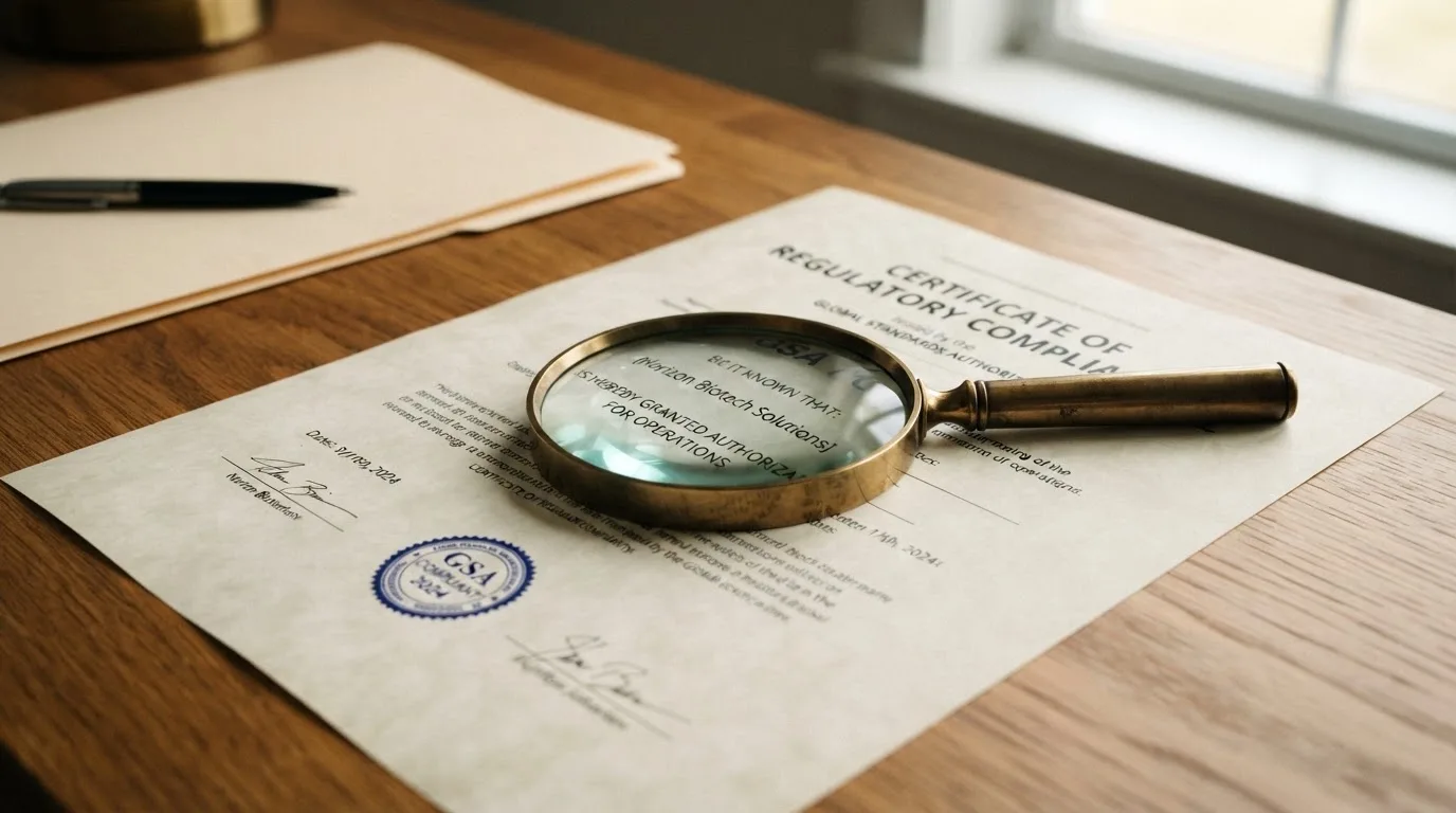 A magnifying glass rests over a printed regulatory certificate on a wooden desk.