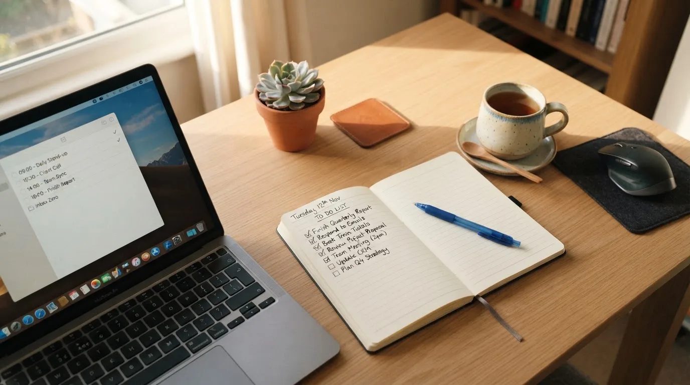 A tidy desk with a notebook, a mug of tea and a laptop open to a checklist, morning light through a window.