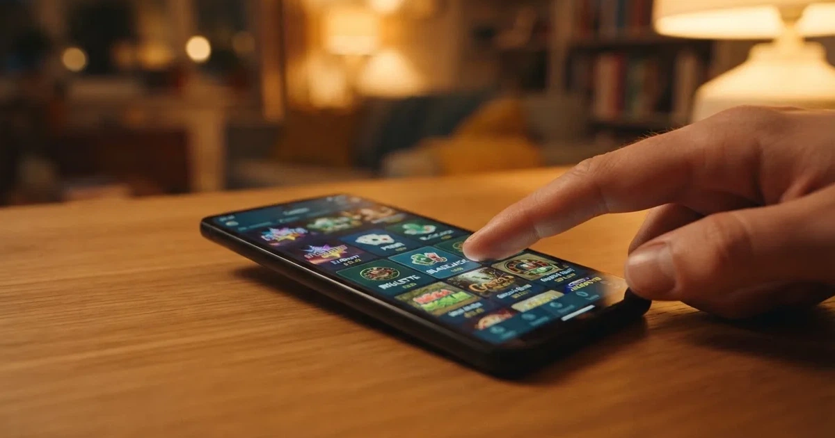 A close-up of a finger tapping a smartphone screen showing rows of app icons.