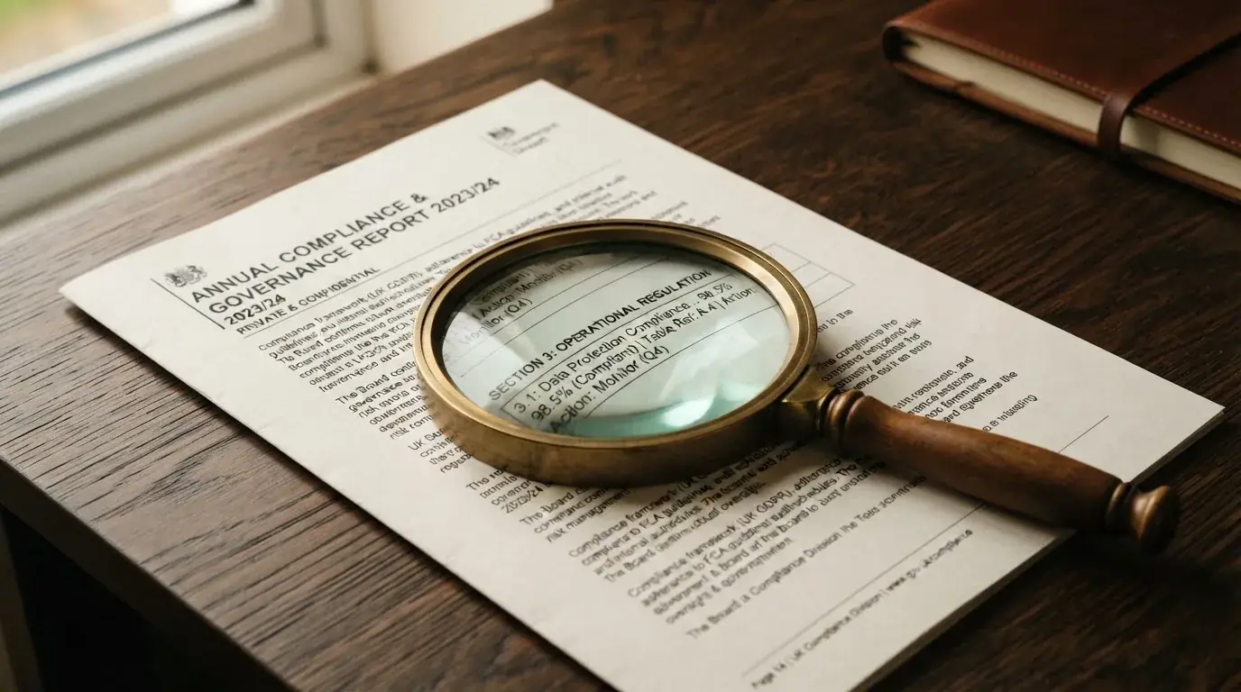 A magnifying glass rests over a printed regulatory certificate on a wooden desk.