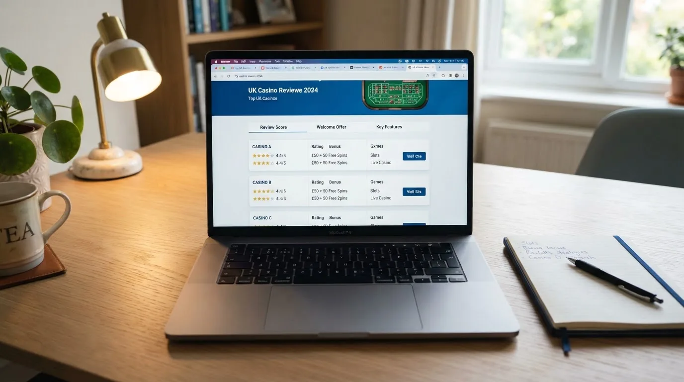 A laptop on a home desk showing a UK online casino comparison page open beside a notepad, with a craps table layout diagram on a laptop visible in a browser tab list