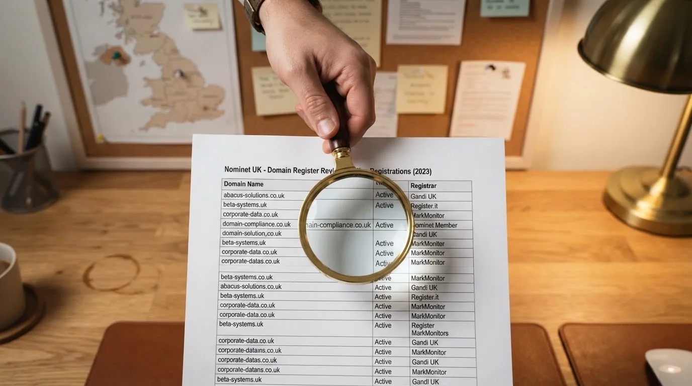 A magnifying glass held over a printed gambling licence certificate on a desk, with a UK map faintly visible in the background