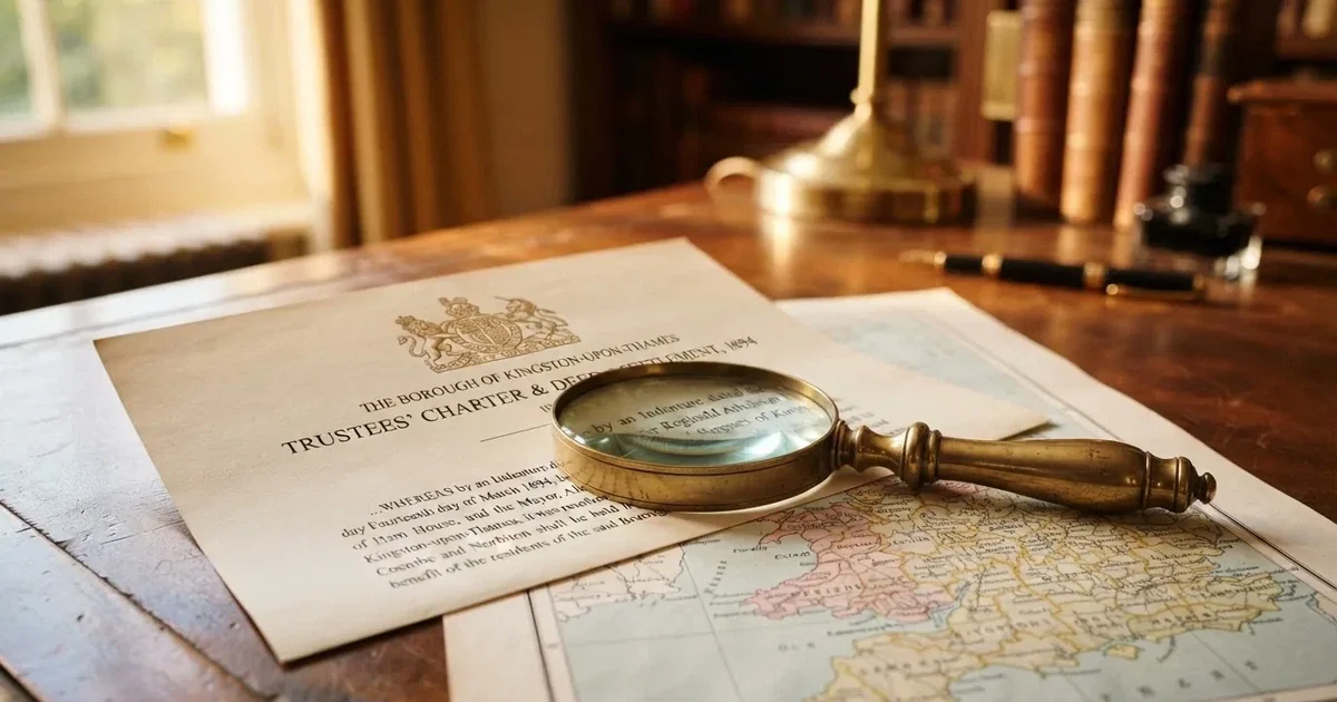 A magnifying glass held over a printed gambling licence certificate on a desk, with a UK map faintly visible in the background