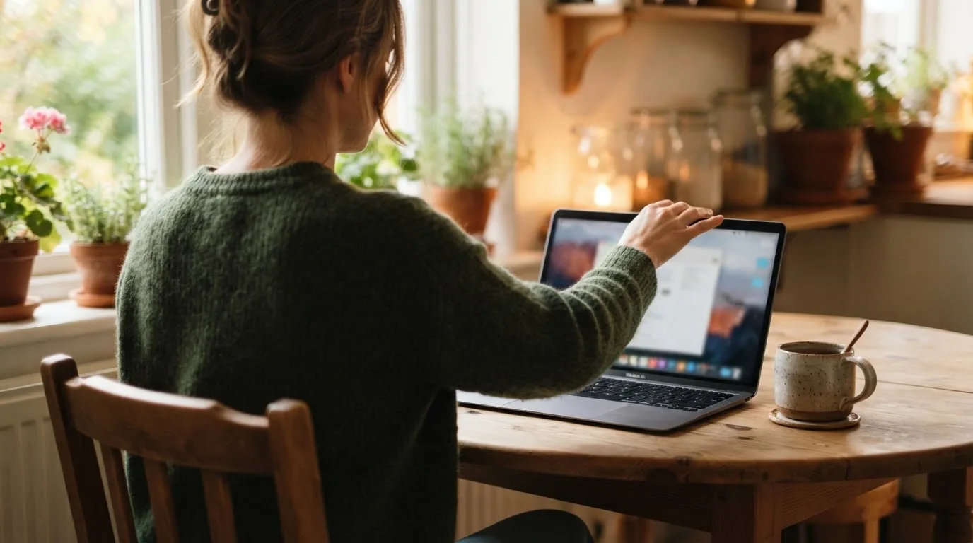 A person closing a laptop beside a cup of tea