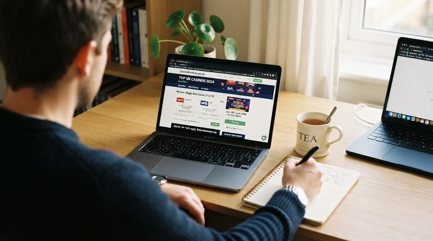 A laptop on a home desk showing a UK online casino comparison page open beside a notepad, with a laptop showing an international casino homepage in a browser visible in a browser tab list