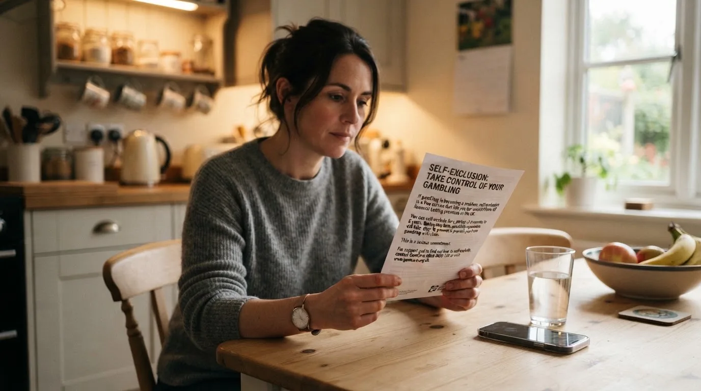 A person reading a self-exclusion leaflet at a kitchen table