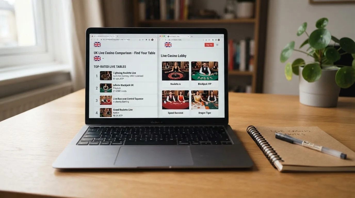 A laptop on a home desk showing a UK online casino comparison page open beside a notepad, with a laptop showing a live casino lobby with several table thumbnails visible in a browser tab list