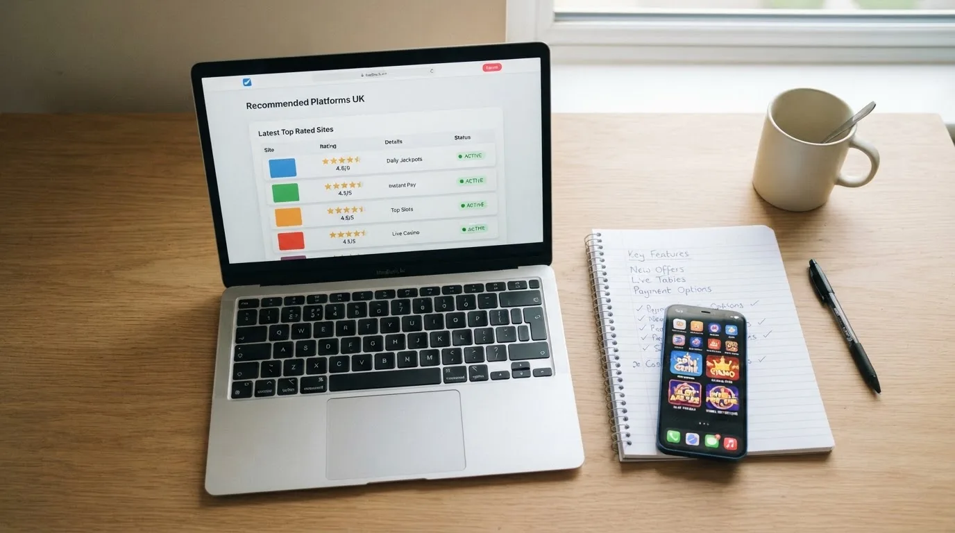 A laptop on a home desk showing a UK online casino comparison page open beside a notepad, with a mobile phone resting on a desk next to a casino app icon screen visible in a browser tab list