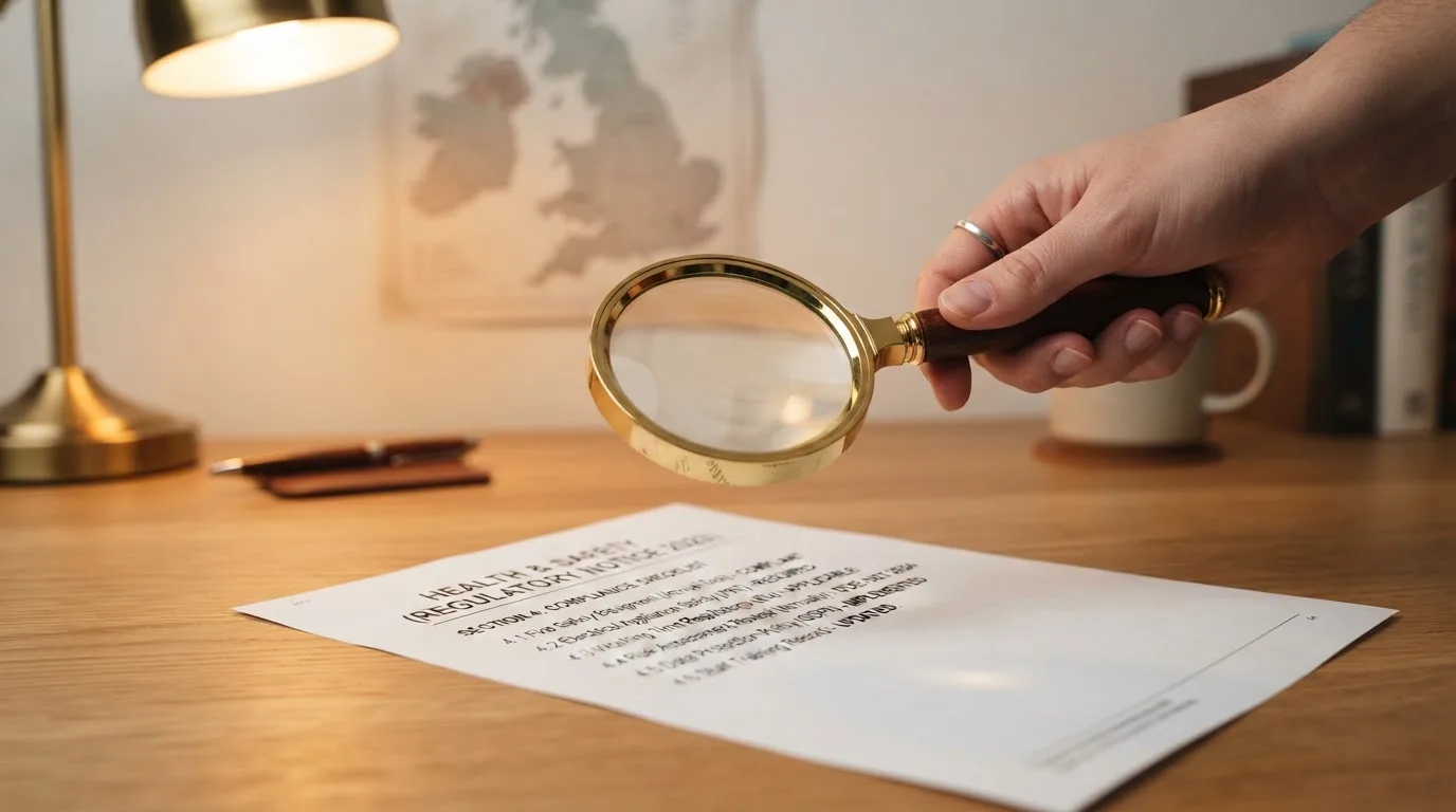 A magnifying glass held over a printed gambling licence certificate on a desk, with a UK map faintly visible in the background