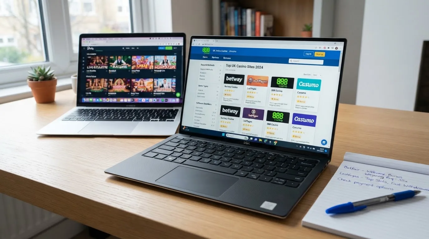 A laptop on a home desk showing a UK online casino comparison page open beside a notepad, with a laptop showing a live casino game show lobby page visible in a browser tab list