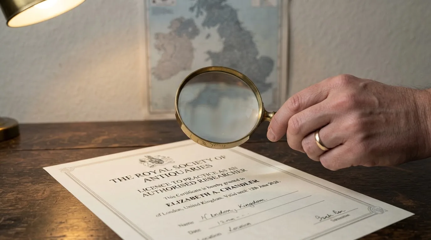 A magnifying glass held over a printed gambling licence certificate on a desk, with a UK map faintly visible in the background
