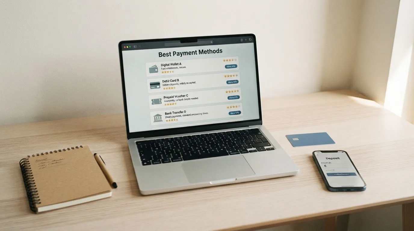A laptop on a home desk showing a UK online casino comparison page open beside a notepad, with a desk with a debit card, a phone and a laptop showing a deposit form visible in a browser tab list